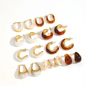 Collection of retro amber resin and 18k gold plated stainless steel hoop earrings