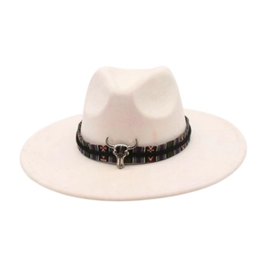 Close-up of white fedora hat with ethnic pattern band and metal bull head ornament