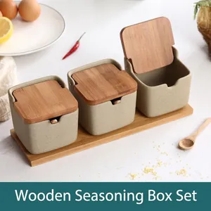 Ceramic Seasoning Jars With Bamboo Lids And Spoons Tray Japanese Style Kitchen Spice Containers Matte Pottery Storage