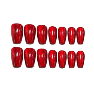 Deep red glitter cat-eye long coffin press-on nails with 14 pieces set