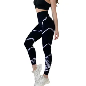 Women's high waist yoga leggings with black and white tie dye pattern for fitness wear