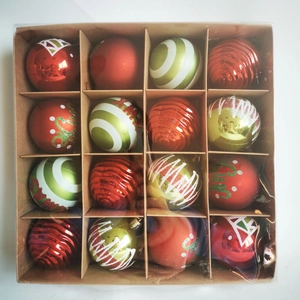 Detail of 16-pack red and green hand-painted Christmas balls in brown kraft box