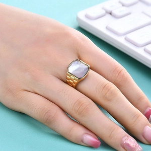 Golden watchband style stainless steel ring with square mother of pearl inlay on hand