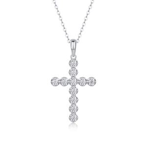 Classic silver S925 sterling silver cross pendant necklace set with round moissanite stones