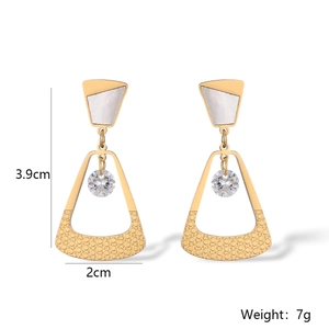 Detailed size view of gold geometric earrings with white inlay and crystal charms