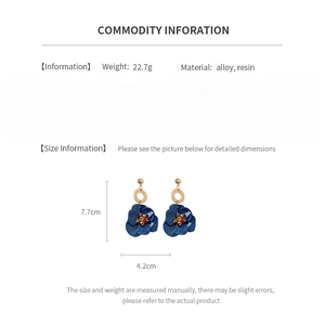Detailed spec sheet showing blue vintage flower earrings with alloy and resin dimensions