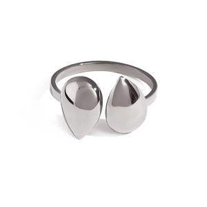 Detail of silver stainless steel open ring with two elegant teardrop-shaped motifs