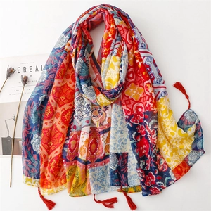 Bohemian Floral Print Scarf Large Sun Protection Shawl Wrap With Tassels Vintage Ethnic Polyester Voile For Women