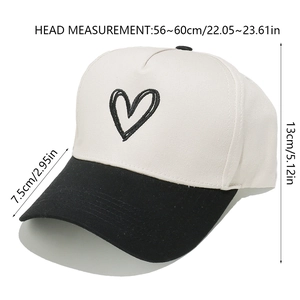 Detailed size chart for two-tone baseball cap with heart embroidery and measurements