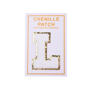 Detail showing white chenille letter L patch with gold glitter edge and adhesive backing