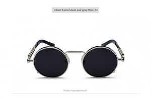 Steampunk round sunglasses featuring silver metal frames and spring hinge temples
