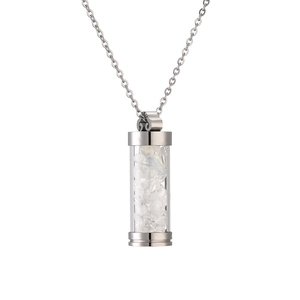 Detail of silver perfume bottle pendant with white crystal stones on stainless steel chain