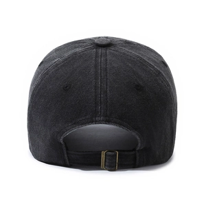 Back view of washed denim baseball cap in charcoal black with adjustable metal buckle