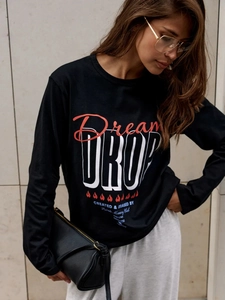 Streetwear βαμβακερή μακρυμάνικη μπλούζα με τύπωμα Dream Drop σε μαύρο χρώμα