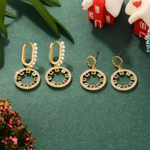 Round Earrings Golden Alloy Multi Color Zirconia With 925 Sterling Silver Earring Post Christmas Geometric For Women