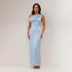 Detail of light blue satin strapless dress with elegant slim fit and draped texture