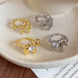 Adjustable Open Ring Copper Cubic Zirconia Heart Shape Horse Pegasus Animal Design Fashion Jewelry For Women