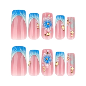 French blue press-on nails with 3D flowers, pearls, and sea shell charms on square shape