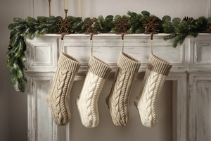 Close-up of four cable knit Christmas stockings hanging on a vintage white fireplace mantel