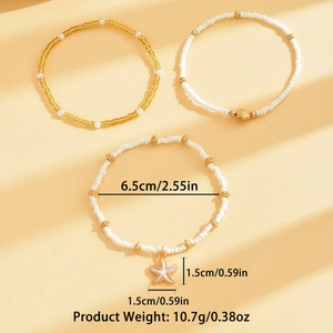 Detailed view of bohemian anklet set featuring starfish and shell charms with size info