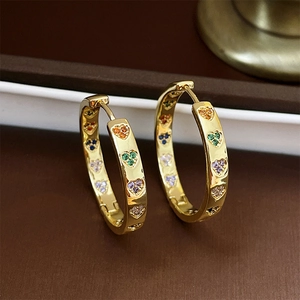 18K gold plated hoop earrings with colorful heart shaped zircon stones for women