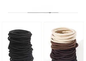 Detail of high-elasticity hair ties in classic black and earth tone color combinations