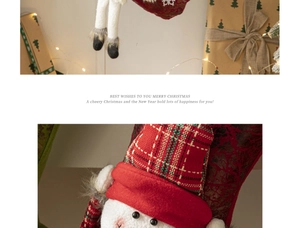 Detail of red plaid Christmas stocking with Santa 3D character and festive LED lights