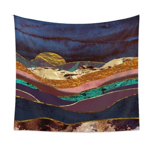 Detail of artistic mountain landscape tapestry with vibrant sunset colors and hanging hooks