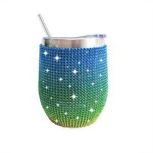 Gradient rhinestone 12oz wine tumbler with stainless steel straw and secure lid