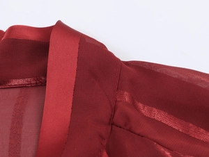 Detail of red sheer mesh blouse neck with bow tie and sparkling metallic stripes