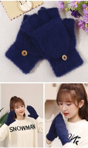 Blue plush fingerless gloves with functional flip top and decorative wooden button detail