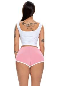 Rear view of pink athletic shorts with white trim detailing on a fitness model