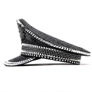 Black sequin captain hat with silver studs and rhinestones for festive parties