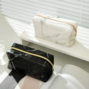 Marble Pattern Pencil Case PU Leather Large Capacity Cosmetic Makeup Bag Pouch For Students And Women Stationery Organizer