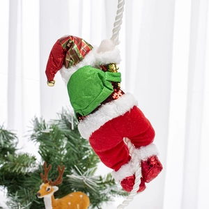 Detail of Santa Claus climbing a white braided rope with a green sequin backpack decoration