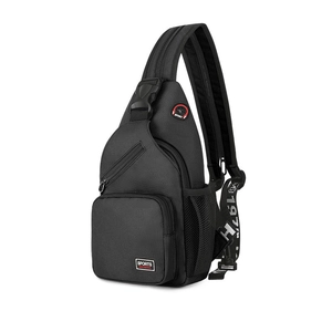Black Oxford cloth chest bag with multi-layer zippers and sporty logo details on white background