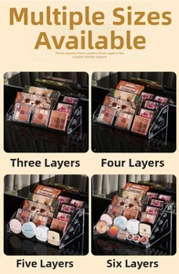 Macro detail of tiered clear acrylic storage racks in 3 to 7 layers for cosmetics