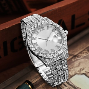Luxury silver men's watch with full diamond inlay and Roman numerals on dial