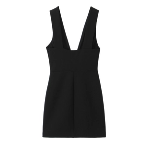 Schwarzes Damen-Midikleid mit V-Ausschnitt, ärmellos, mit Stickerei und Hohlsaum-Detail
