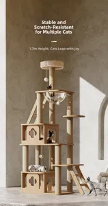 Detail of multi-level solid wood cat tree with 1.7m height and acrylic space capsule