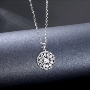 Elegant round flower pendant necklace in silver with sparkling zircon crystals for women