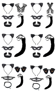 Detailed grid of black lace cat ears, sequin masks, tails, and collars for cosplay sets