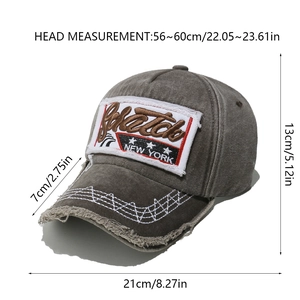 Detail view of vintage baseball cap with New York embroidery and size dimensions