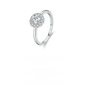 Macro shot of S925 sterling silver ring showing the inner hallmark and halo setting detail