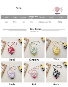 Detailed size chart and multi-color options for children lollipop crossbody bag