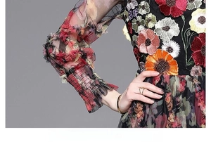 Détails de broderies florales colorées et de manches en mesh sur cette robe élégante