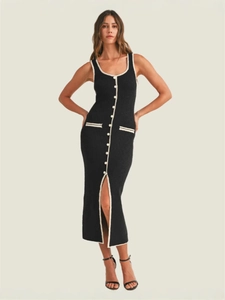 Slim fit black knitted midi dress with white contrast trim and button front detailing