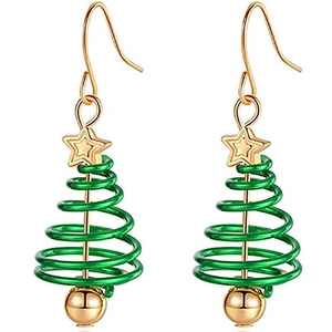 Christmas Tree Earrings Alloy Spiral Wire Dangle Hook Festive Green Gold Star Top Holiday Jewelry For Women