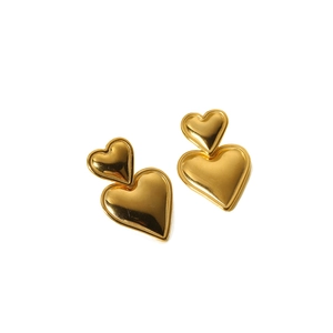 Elegant 18k gold double heart drop earrings made of polished stainless steel for women