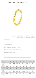 Detailed size chart for S925 sterling silver woven ring with technical specifications